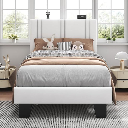 Feonase Twin Platform Bed Frame, Velvet Upholstered Twin Bed Frame, Solid Wood Slats & Heavy Duty Feet Support, No Box Spring Needed, Noise-Free, Easy Assembly, White