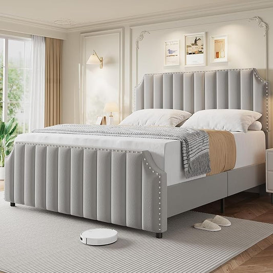 GarveeHome King Size Velvet Bed Frame, 50.2 in Tall Headboard & Footboard, Upholstered Platform King Bed Frame with Nailhead Trim, No Box Spring Needed, Noise Free, Solid Wooden Slats, Grey