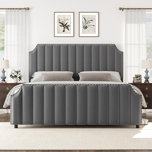 GarveeHome King Size Platform Bed Frame with 50.2 in Headboard, Velvet Upholstered Bed Frame with Vertical Channel Tufted Headboard & Footboard, Nailhead Trim, No Box Spring Needed, Grey