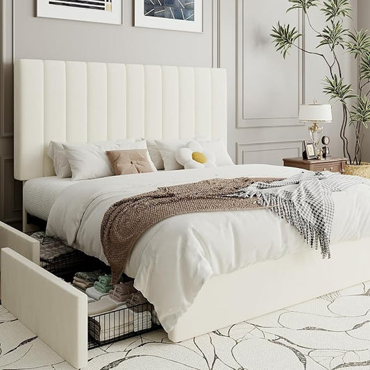 SHA CERLIN Full Size Platform Bed Frame with 4 Storage Drawers, Vertical Channel Tufted Adjustable Headboard, Velvet Upholstered, Wooden Slats Support, No Box Spring Needed, Easy Assembly, Cream