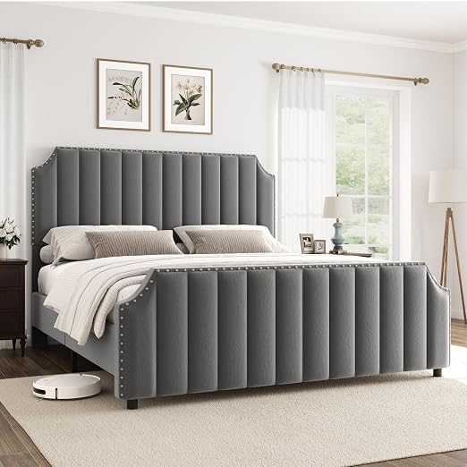 GarveeHome Queen Size Platform Bed Frame with 50.2 in Headboard, Velvet Upholstered Bed Frame with Vertical Channel Tufted Headboard & Footboard, Nailhead Trim, No Box Spring Needed, Grey
