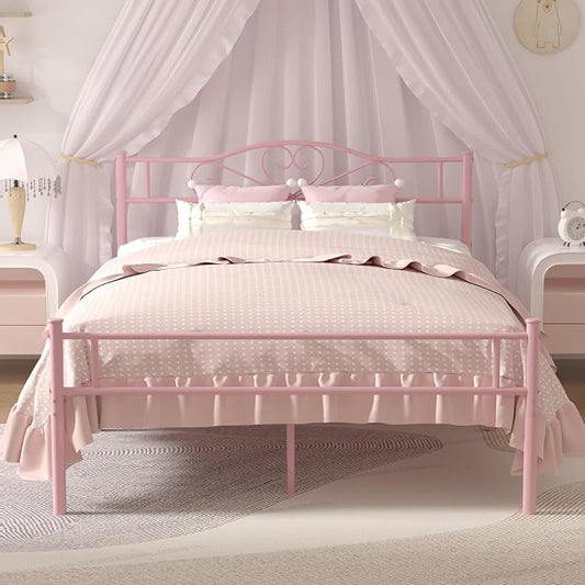 VECELO 14 Inch Full Size Metal Platform Bed Frame with Headboard and Footboard, Heavy Duty Mattress Foundation with Steel Slats Support, No Box Spring Needed, Pink