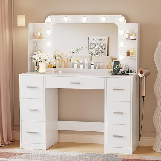 YESHOMY Vanity Desk with Large Lighted Mirror, Power Outlet and 11 Lights, Makeup Table with 7 Drawers and 3 Desktup Storage Units, 3 Color Modes Available for Bedroom, White