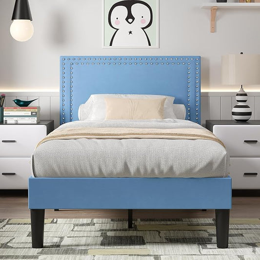 VECELO Twin Size Platform Bed Frame with Height Adjustable Upholstered Headboard, Modern Mattress Foundation,Strong Wood Slat Support, No Box Spring Needed, Easy Assembly, Light Blue
