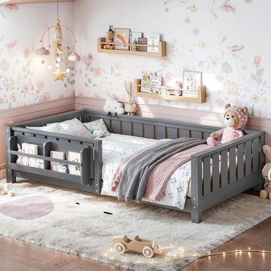 Bellemave Twin Size Kids Montessori Bed with Bookshelf,Solid Wood Twin Floor Bed Frame with Fence and Slats for Girls Boys,Low-Profile,Gray