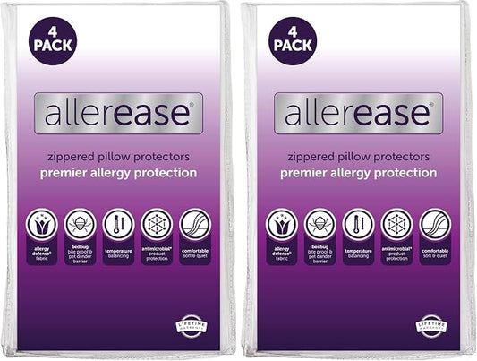 Set of 4 King AllerEase Pillow Protectors - Temperature Balancing,Allergist Recommended - Premium Breathable,Zippered Protectors,(Pack of 2)