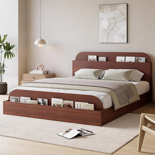 Garvee Queen Size Bed Frame with Storage Headboard and Raised Footboard – Wooden Queen-Floor Low Platform Bed for Bedroom, Heavy Duty & Noise Free, No Box Spring Needed, Red Peach Wood