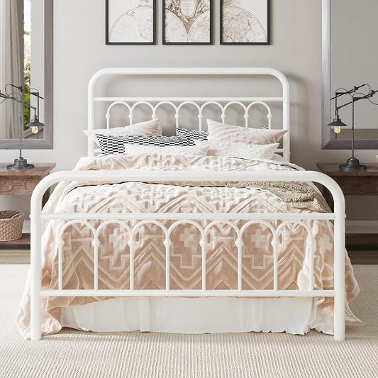 Allewie 14 Inches Full Size Metal Platform Bed Frame with Victorian Style Curved Iron-Art Headboard/Footboard, Easy Assembly, Under Bed Storage, No Box Spring Required, Cream White