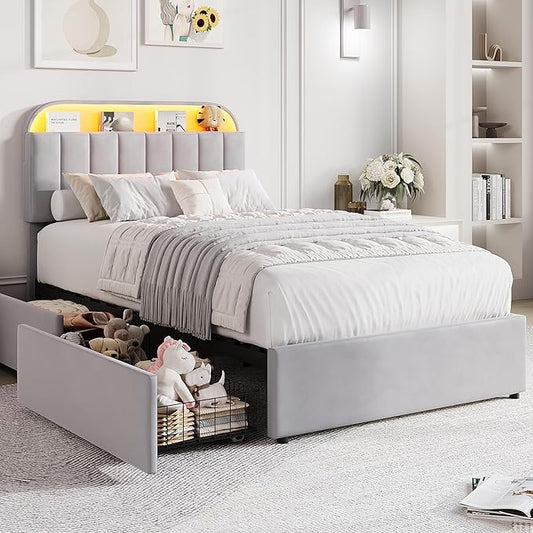 GarveeHome Twin Bed Frame with Storage Headboard, Kids Bed Frame with 2 Drawers, Velvet Upholstered Platform Bed Frame with Lights, No Box Spring Needed, Easy Assembly, Velvet Grey