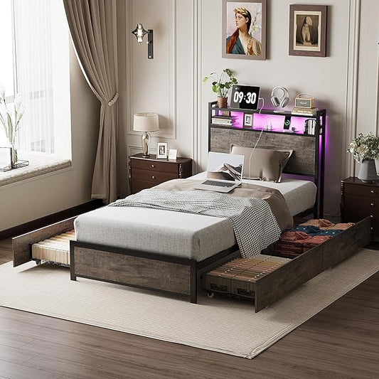 VINGLI Bed Frame Twin Size with 4 Storage Drawers and Headboard, Metal Platform Bed with Charging Station and RGB LED Lights, No Box Spring Needed, Noise Free, Easy Assembly, Wash Grey