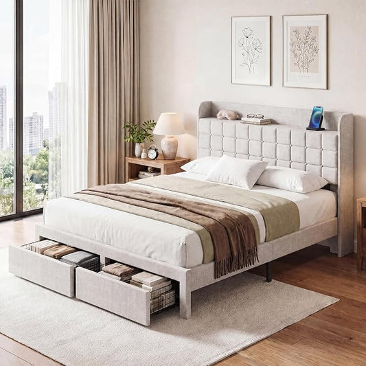 DUMOS Full Size Upholstered Platform Bed Frame, Full Bed with Storage Drawers and Fabric Headboard, Wooden Slats Support, 882 lbs Weight Capacity, No Box Spring Needed, Easy Assembly, Beige