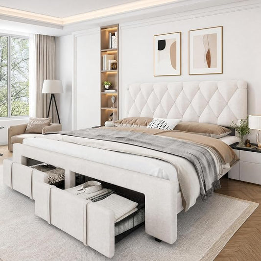 GarveeHome King Size Bed Frame, Upholstered Platform Bed Frame with Storage Drawers, Mattress Foundation with Solid Wooden Slats Support, No Box Spring Needed, Beige