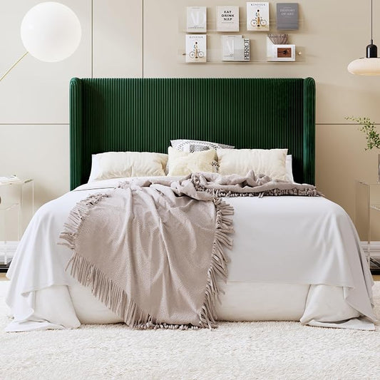 SHA CERLIN Queen Size Corduroy Upholstered Platform Bed Frame with Vertical Channel Tufted Wingback Headboard, 8" Under Bed Storage, Wooden Slats & Metal Frame Support, Easy Assembly, Dark Green