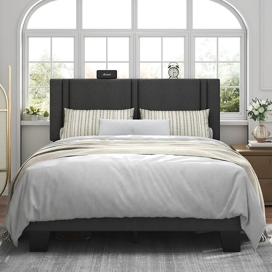 Feonase Queen Platform Bed Frame, Fabric Upholstered Queen Bed Frame, Solid Wood Slats & Heavy Duty Feet Support, No Box Spring Needed, Noise-Free, Easy Assembly, Dark Grey