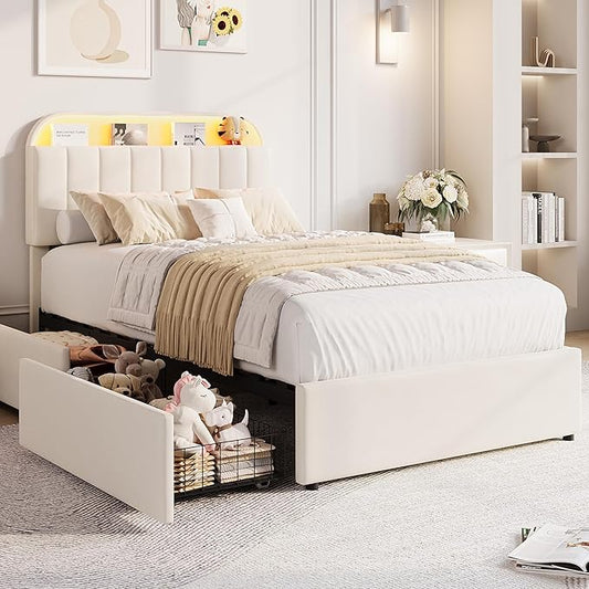 GarveeHome Twin Bed Frame with Storage Headboard, Kids Bed Frame with 2 Drawers, Velvet Upholstered Platform Bed Frame with Lights, No Box Spring Needed, Easy Assembly, Velvet White