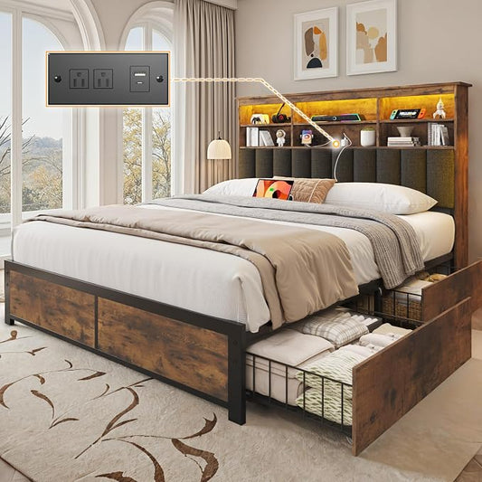 Lifezone Full Bed Frame with Headboard, Full Bed Frame with High Storage Bookcase Headboard,4 Storage Drawers & Charging Station & LED,No Box Spring Needed/Noise Free/All-Metal Support,Vintage Brown