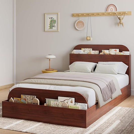 Garvee Twin XL Size Bed Frame with Storage Headboard and Raised Footboard – Wooden Twin-Floor Low Platform Bed for Kids, Heavy Duty & Noise Free, No Box Spring Needed, Espresso