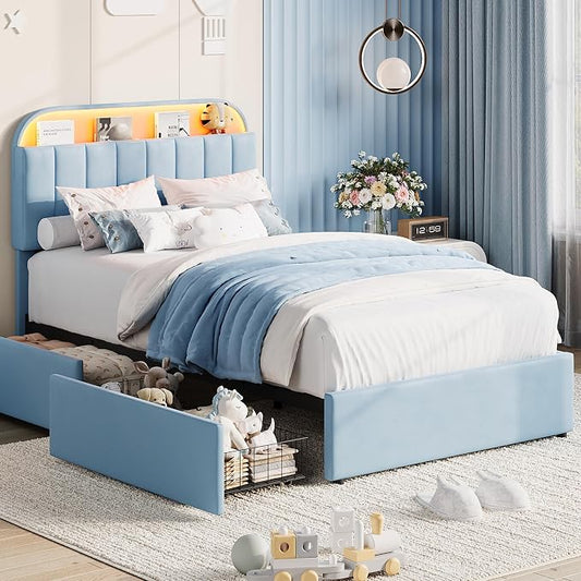 Garvee Twin Size Bed Frame with 2 Flexible Drawers, Velvet Upholstered Platform Bed Frame with Bookcase Headboard and LED Lights, Kids Bed for Boys, Easy Assembly, Noise Free, Blue