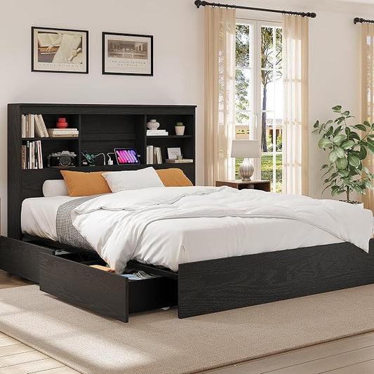 GarveeHome Full Size Bed Frame with High Storage Bookcase Headboard, Wood Bed Frame with 4 Storage Drawers, Built in Charging Station, No Box Spring Needed, Metal Frame, Noise-Free, Vintage Black