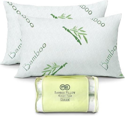 OMEO 2 Pack Queen Size Rayon Derived from Bamboo Pillow for Sleeping Shredded Memory Foam Bed Pillows for Side, Back and Stomach Sleepers, Soft, Cooling, Adjustable and Washable Cover 20" x 30"