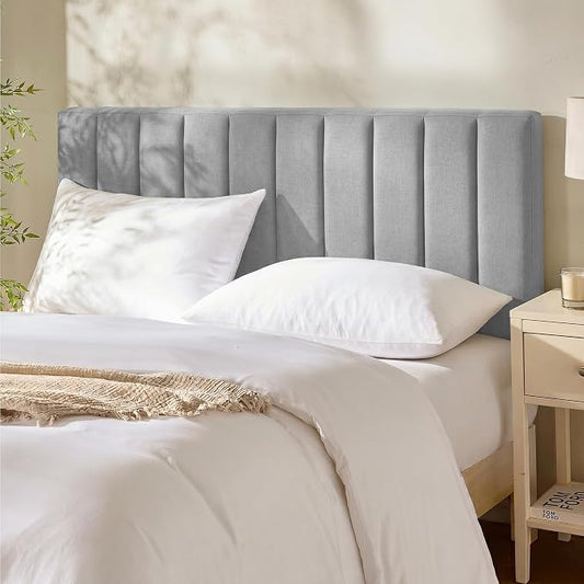 Hearth & Harbor Upholstered Full Headboard - Easy Assemble Channel Stitched Headboard Full Size - Wall Mounted Headboards with 3D Soundproof Wall Panels Peel & Stick Floating Headboards, Silver