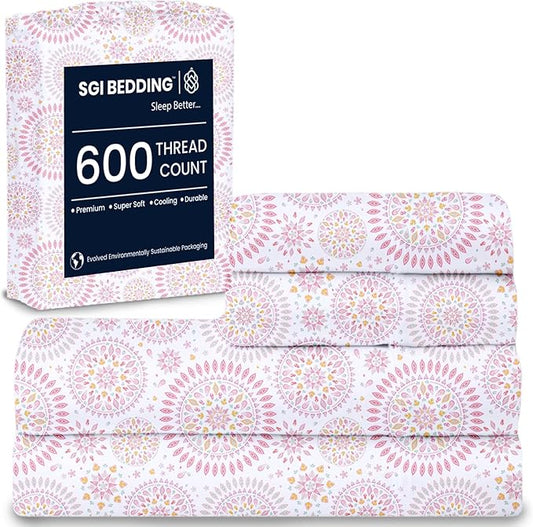 SGI bedding 100% Egyptian Cotton Sheets King Size – 600 Thread Count Sheets Set, Soft, Cooling, 15" Deep Pocket, Luxury Hotel Bedding, Breathable, Durable - Boho Mandala