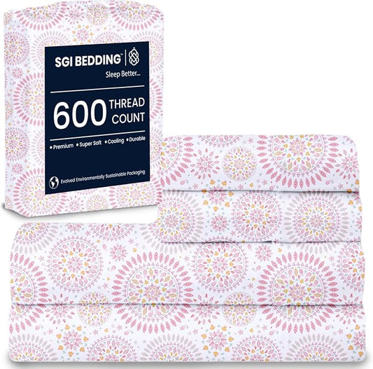 SGI bedding RV Short Queen Sheet Set 60x75, 600 TC Egyptian Cotton, 4 Piece Luxury Hotel Collection, Ultra Soft & Breathable, Fits RV Mattress Camper & Trailer, 15 Inch Pocket, Boho Mandala