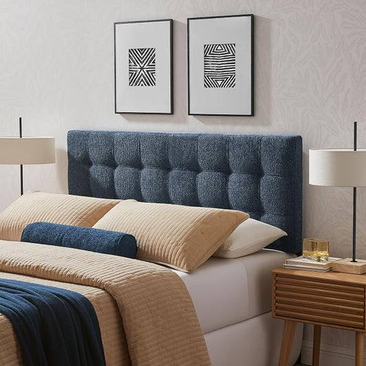 Modway Lily Full Size Headboard with Biscuit Tufting in Navy - Fabric Upholstery with Padded Design and 5 Height-Adjustable Mounts
