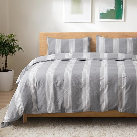 TOCOMOA Striped Duvet Cover Set 100% Natural Cotton Soft Comfy Breathable 3 Piece Light Grey and White Pattern Printed Comforter Cover Bedding Set (Queen 90"x90", Comforter Not Included)