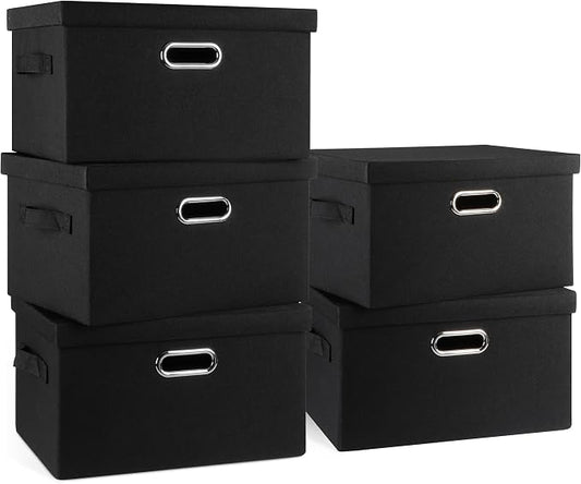 Graciadeco Medium 15" 21 Quart Collapsible Stackable Storage Bins with Lids, 5 Packs Black Foldable Fabric Closet Storage Boxes with Lids, Lidded Heavy-duty Linen Baskets(15x11x8)