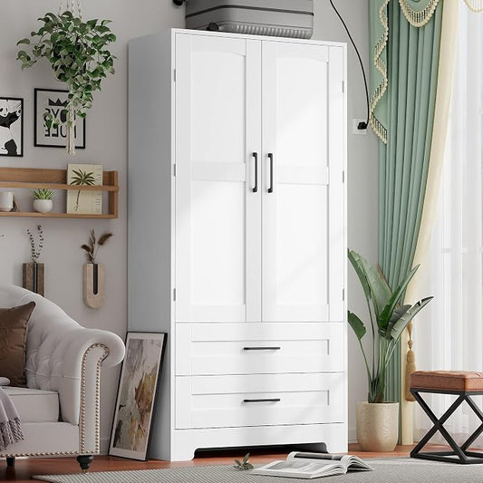 Wooden Armoire Wardrobe Closet with Drawers, Bedroom Armoires with Door and Shelves, Freestanding Wardrobe Clothing Storage Cabinet with Hanging Rod for Bedroom, Laundry Room, Cloak Room （White）