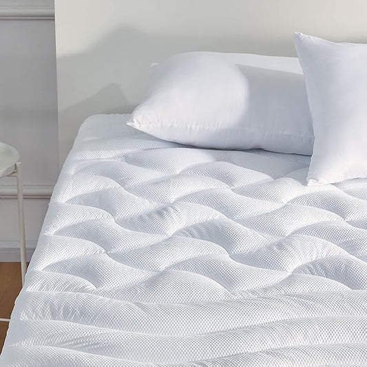 SLEEP ZONE Full Size Cooling Mattress Topper for Double Bed, Premium Zoned Cool Mattress Pad Cover, Padded Mattress Protector Breathable Washable, Deep Pocket 8-21" (White, Full)