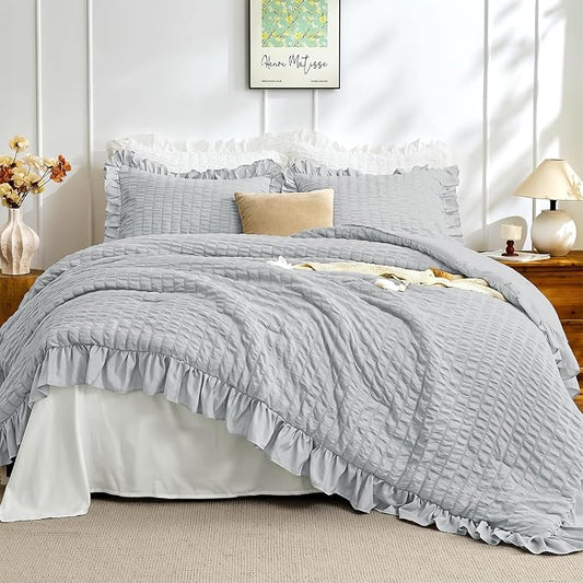 JOLLYVOGUE Light Grey Twin Size Comforter Set, 2 Pieces Seersucker Lightweight Fluffy Bedding Set, Twin Ruffle Comforter, All Season Soft Microfiber Shabby Chic Bed Set