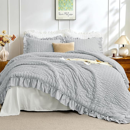 JOLLYVOGUE Light Grey King Comforter Set, 3 Pieces Seersucker Comforters King Size, Lightweight & Fluffy Bedding Sets King for All Season with 1 Ruffle Comforter and 2 Ruffle Pillowshams