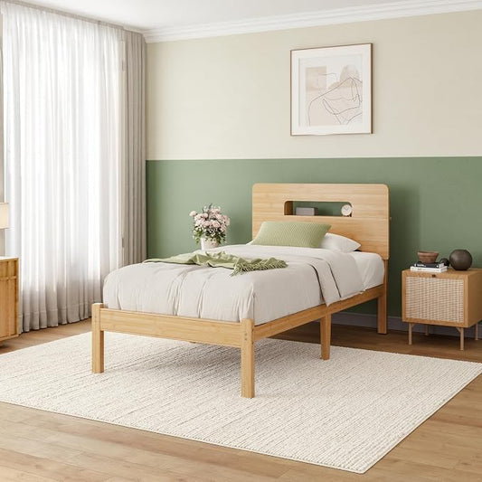 ZIYOO Solid Bamboo Wood Twin XL Bed Frame with Storage Headboard, 14 inch Platform Twin XL Bed Frames No Box Spring Needed with Steel Slats, Sturdy and Stable, Easy Assembly, Noise Free