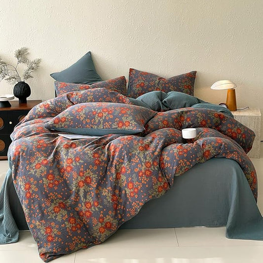 VM VOUGEMARKET Rustic Double Layer Gauze Jacquard Duvet Cover Queen, Dusty Slate Blue with Retro Orange Floral Print, Soft Breathable Boho Comforter Cover with Zipper&Ties