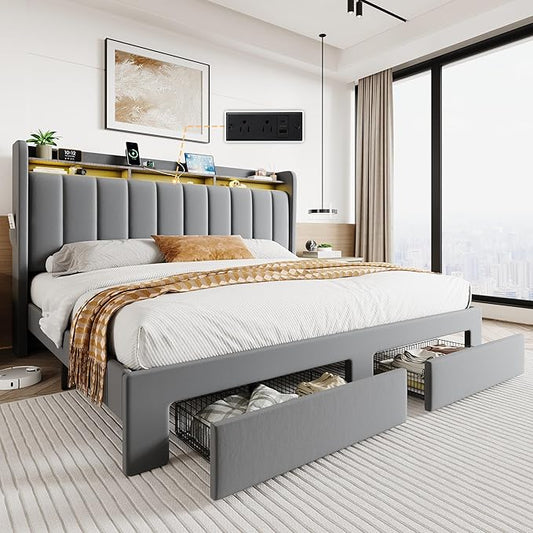 SHA CERLIN Velvet King Size Bed Frame with Vertical Channel Tufted Wingback Headboard & 2 Storage Drawers/2-Tier Shelves with LED Lights & Charging Station/Noise-Free/No Box Spring Needed/Light Grey
