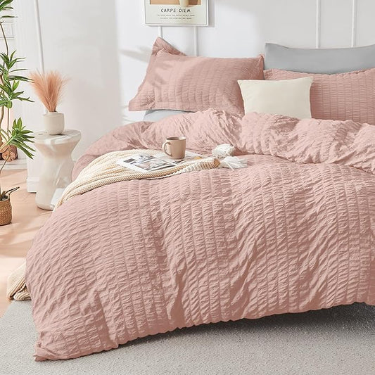 HYMOKEGE Rose Gold/Light Grey Duvet Cover Queen Size, Ultra Soft 3-Piece Seersucker Duvet Cover Set with Zipper Closure, Soft Brushed Microfiber Bedding Set with 8 Corner Ties (90"x90", 2 Pillowshams)