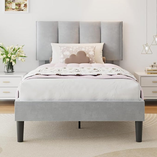 VECELO Twin Size Bed Frame with Upholstered Headboard, Heavy-Duty Bedframe with Wooden Slats & Steel Framework, Easy Assembly, Light Grey