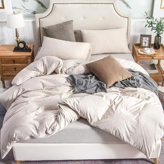 PURE ERA Jersey Knit Duvet Cover Set 100% T-Shirt Cotton Super Soft Comfy 3pc Bedding Set with Zipper Closure (Heather Beige, Full)