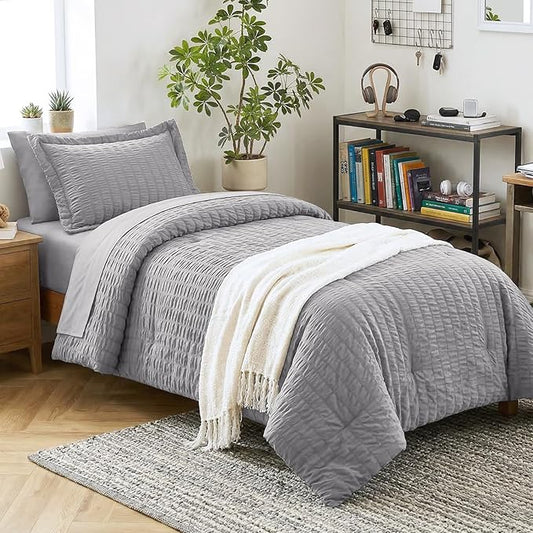 CozyLux Twin XL Comforter Set with Sheets Seersucker Grey 5 Pieces Bed in a Bag, Gray Twin Extra Long Luxury Bedding Sets for College Dorm with Down Alternative Comforter, Sheets, Pillowcase & Sham