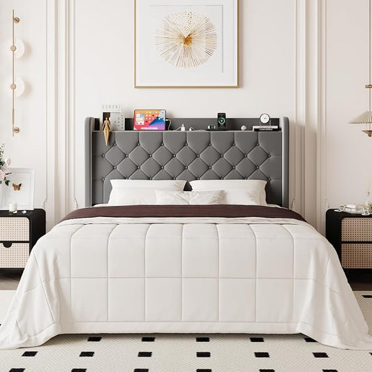 Allewie Full Size Bed Frame, Storage Headboard with Charging Station, Wingback Velvet Upholstered, Diamond Stitched Button Tufted, Sturdy Wooden Slats, No Box Spring Needed, Easy Assembly, Grey