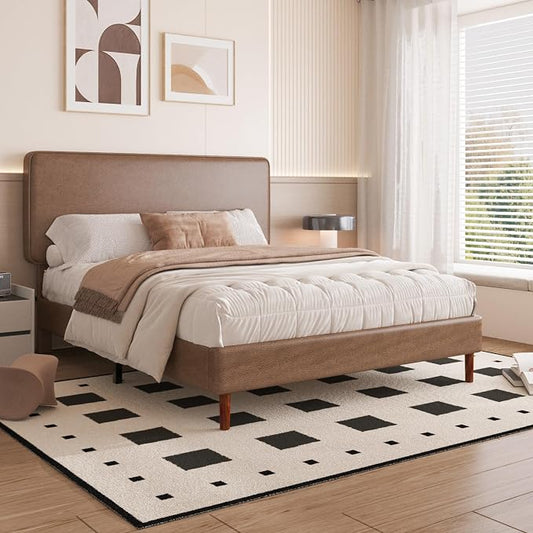 Full Size Leather Platform Bed Frame with Adjustable Upholstered Headboard, Solid Wooden Legs, No Box Spring Needed, Easy Assembly, Noise Free, Brown