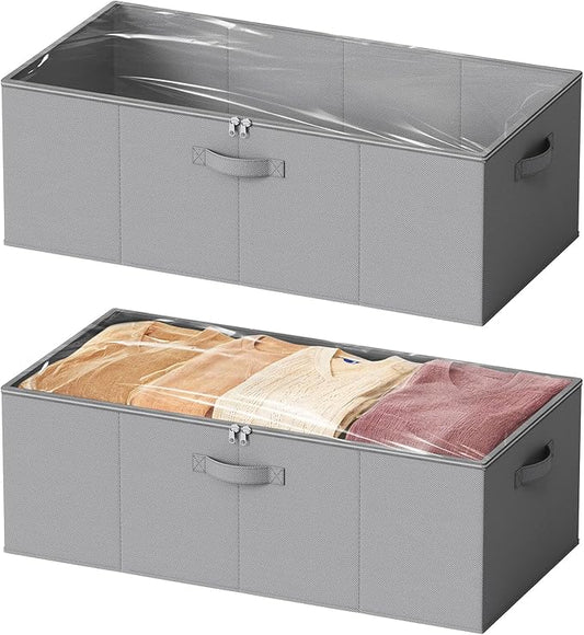 SpaceAid 2 Pack 10" High Under Bed Storage Containers, Large Underbed Storage Organizer Bins with Lids for Bedroom, Dorm, Clothes, Closet Organization, Bed Sheets and Blankets (Gray)