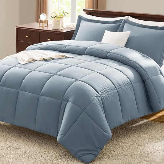 CozyLux Oversized Queen Comforter Set, 270GSM Grayish Blue Bedding Sets for All Seasons, 3 Pieces 98x98 Bed Set with 1 Down Alternative Comforter and 2 Pillow Shams, Soft, Lightweight, Breathable