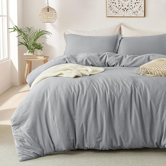 MILDLY Super Soft Duvet Cover - 100% Washed Microfiber Grey Comforter Cover Set 3 Pieces with Zipper Closure & Corner Ties (No Comforter)
