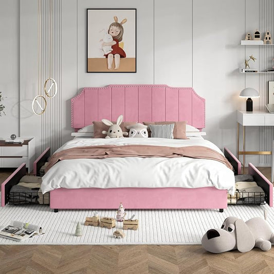 VECELO Full Upholstered Platform Bed Frame with 4 Storage Drawers,Velvet Vintage Full Bed with Nailhead Trim,Tufted Height Adjustable Headboard,Wooden Slats/No Box Spring Needed/Easy Assembly