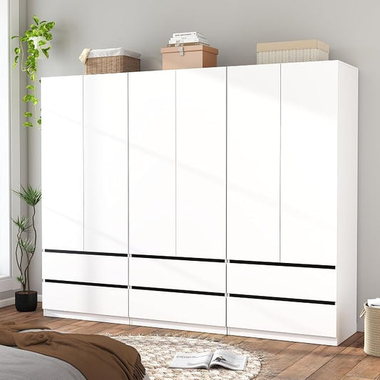 Armoire Wardrobe Closet with Drawers：75" Large White Wardrobe Closet Cabinet with 6 Doors for Hanging Clothes, Modern Wooden Bedroom Armoires with 6 Drawers and Storage (A+A+A, 94.5")