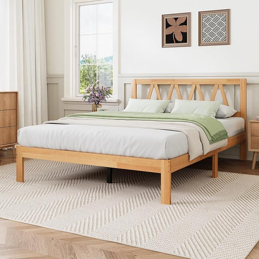 Novilla 12 Inch Queen Bed Frame with Headboard Bed Frame Queen Size Solid Wooden Bed Frame Foundation with Wood Slat Support, No Box Spring Needed, Easy Assembly, Natural Grain Wood