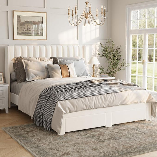 IDEALHOUSE Queen Bed Frame with Wingback Headboard, Velvet Upholstered Platform Bed with 2 Storage Drawers, Vertical Tufted Headboard Design, Wooden Slats Support, No Box Spring Needed, White